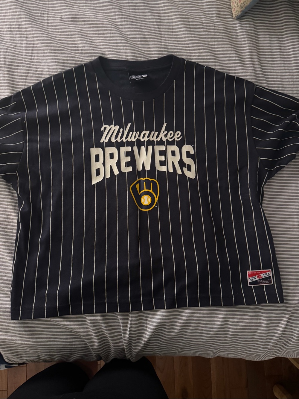 Women’s cropped boxy Milwaukee Brewers Pinstripe  Tee - Navy with White & Gold